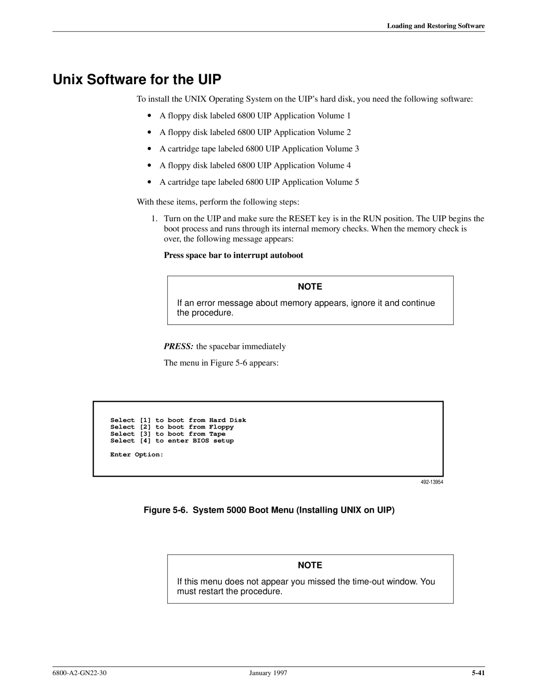 Paradyne 6800 manual Unix Software for the UIP, System 5000 Boot Menu Installing Unix on UIP 