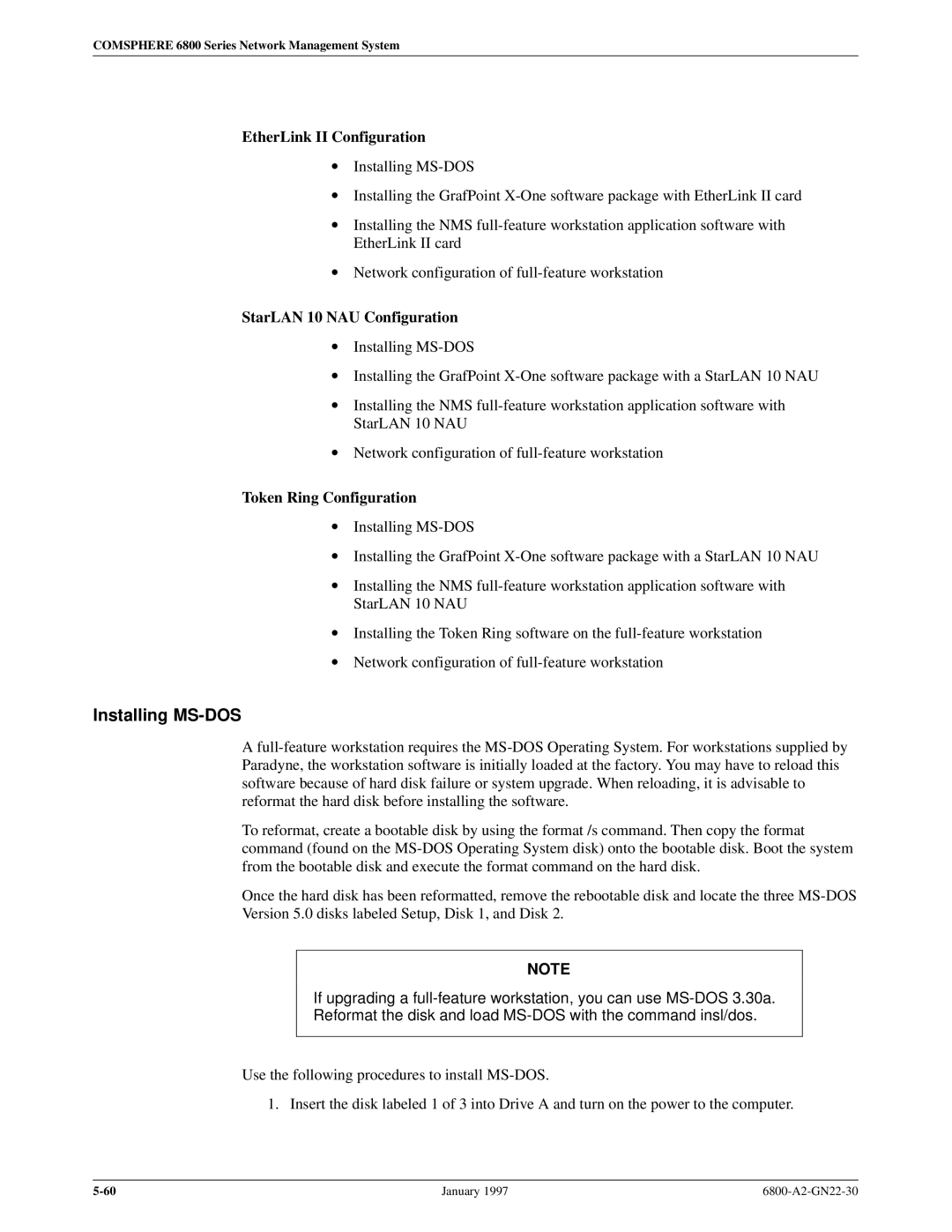 Paradyne 6800 manual Installing MS-DOS, EtherLink II Configuration, StarLAN 10 NAU Configuration, Token Ring Configuration 