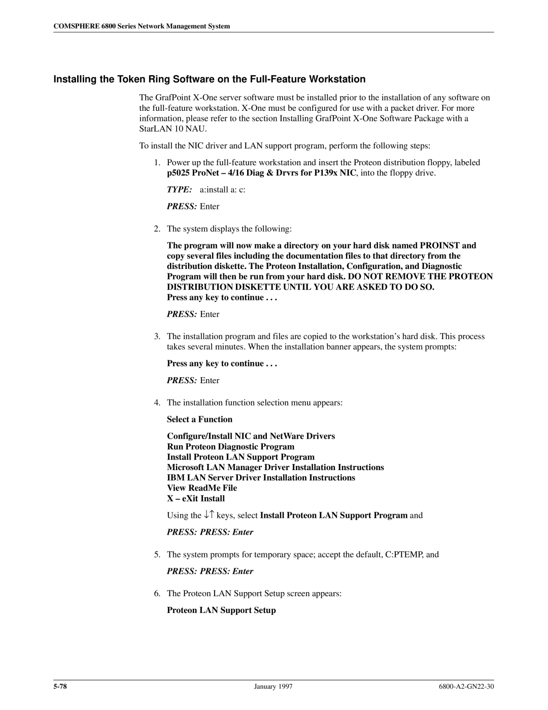 Paradyne 6800 manual Press Press Enter, Proteon LAN Support Setup 