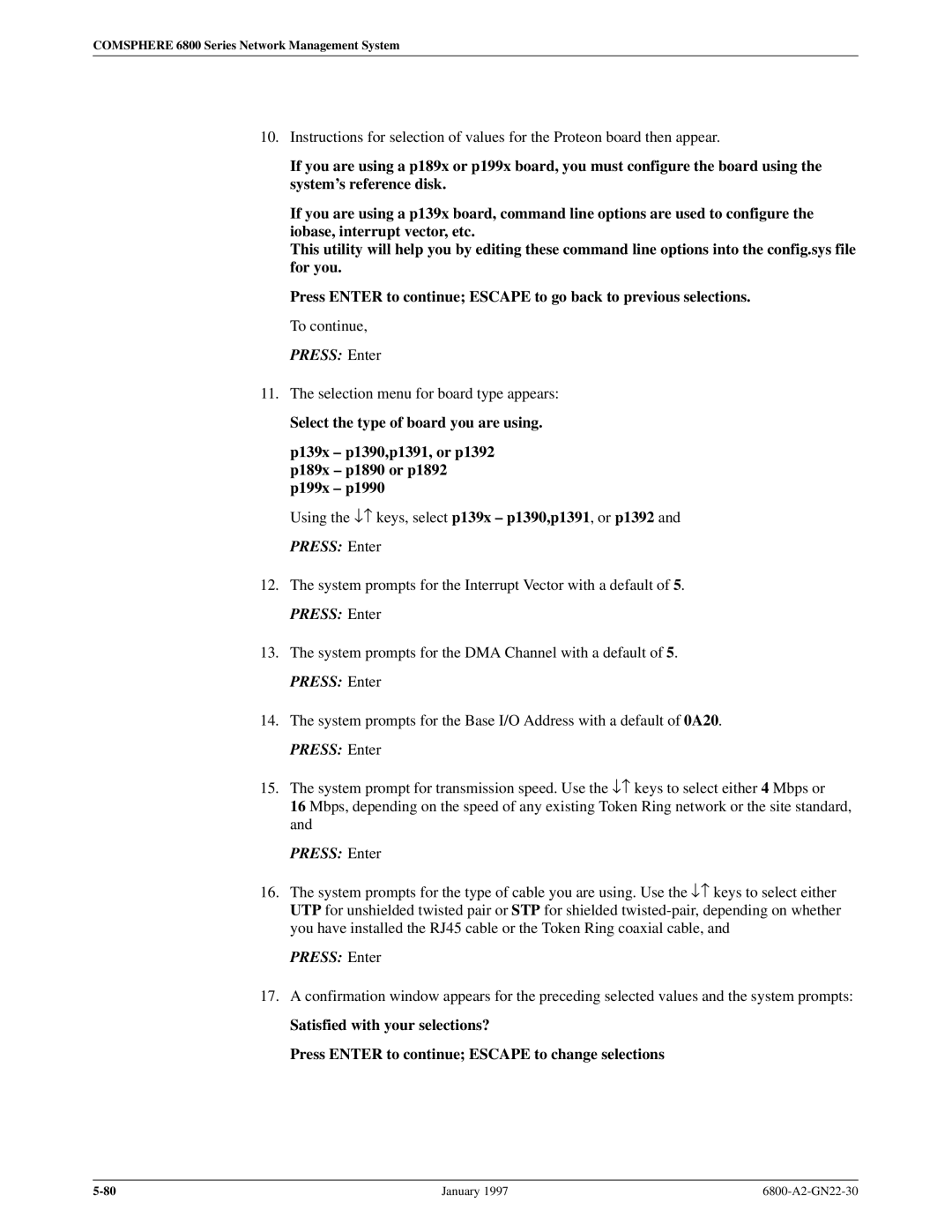 Paradyne 6800 manual Selection menu for board type appears 