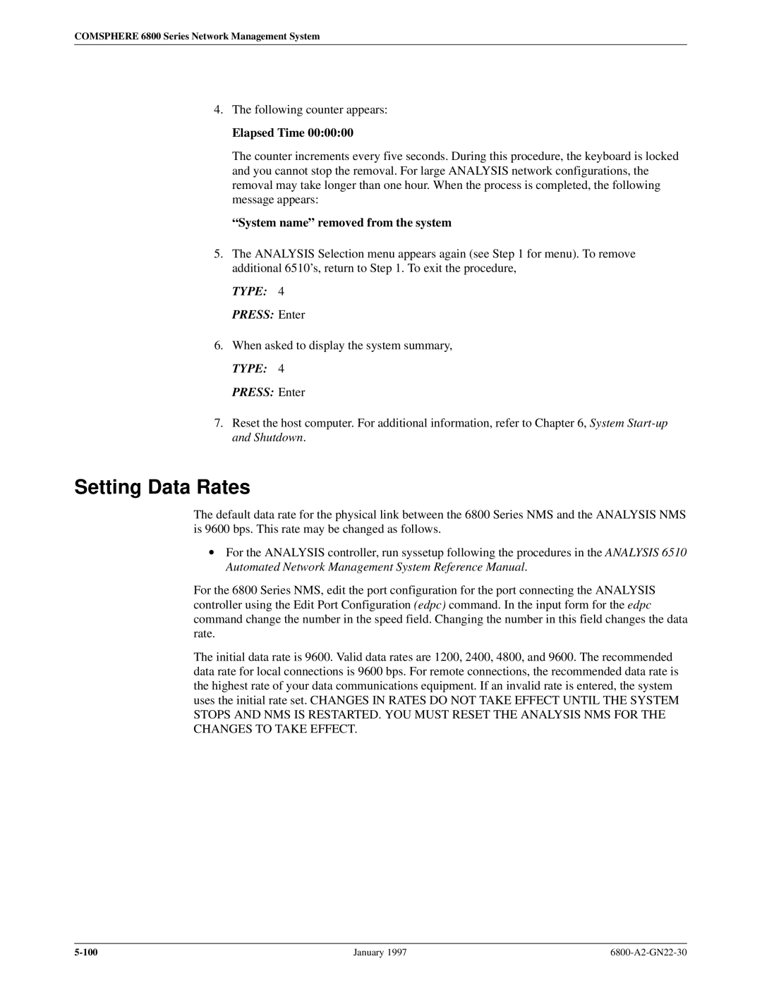 Paradyne 6800 manual Setting Data Rates, Elapsed Time, ªSystem nameº removed from the system 