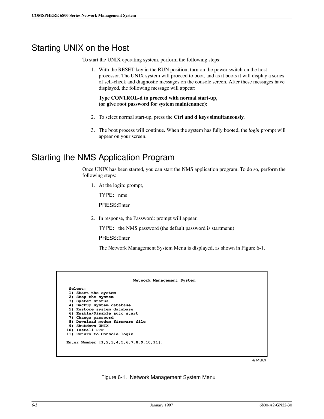 Paradyne 6800 manual Starting Unix on the Host, Starting the NMS Application Program, Type nms Press Enter 