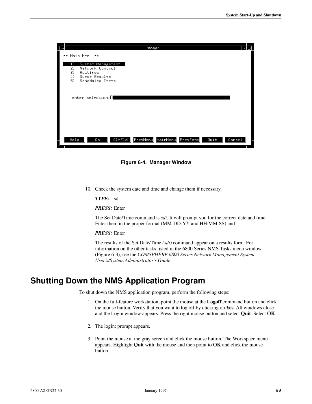 Paradyne 6800 manual Shutting Down the NMS Application Program, Manager Window 