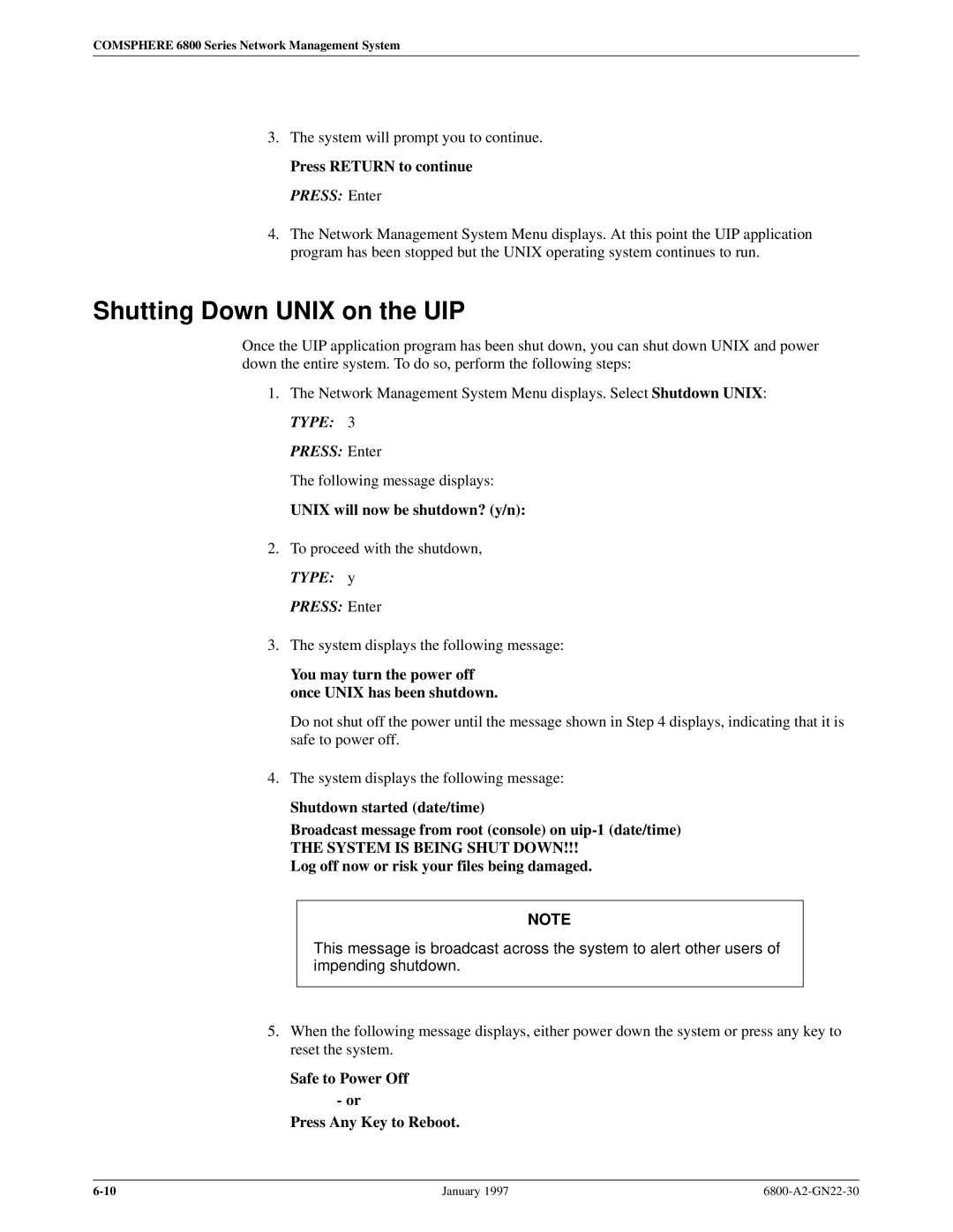 Paradyne 6800 manual Shutting Down Unix on the UIP, Unix will now be shutdown? y/n 