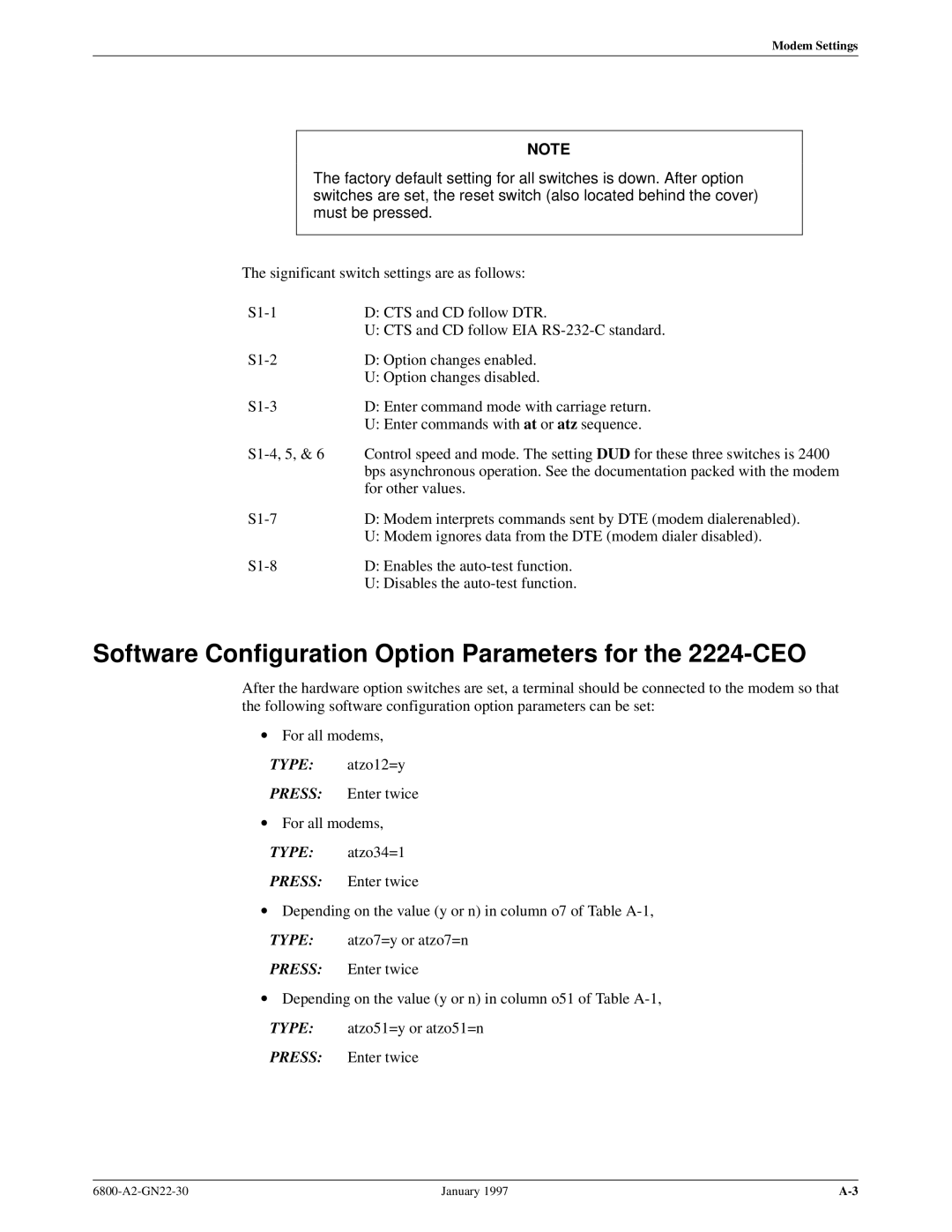 Paradyne 6800 manual Software Configuration Option Parameters for the 2224-CEO 