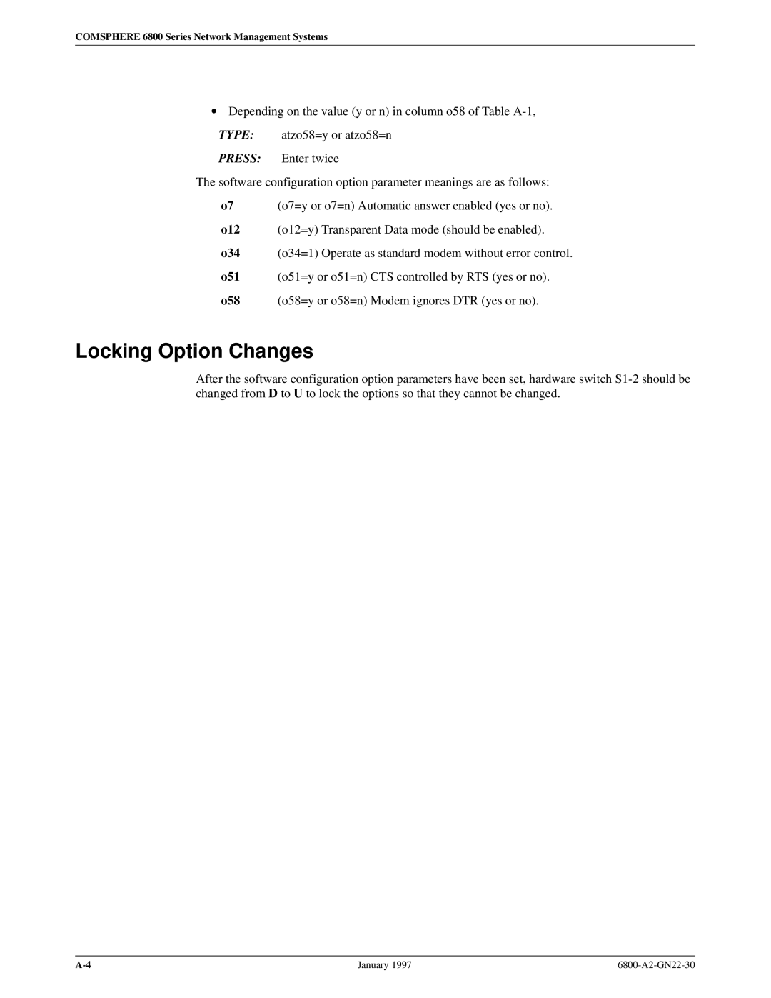 Paradyne 6800 manual Locking Option Changes, O12, O34, O51, O58 