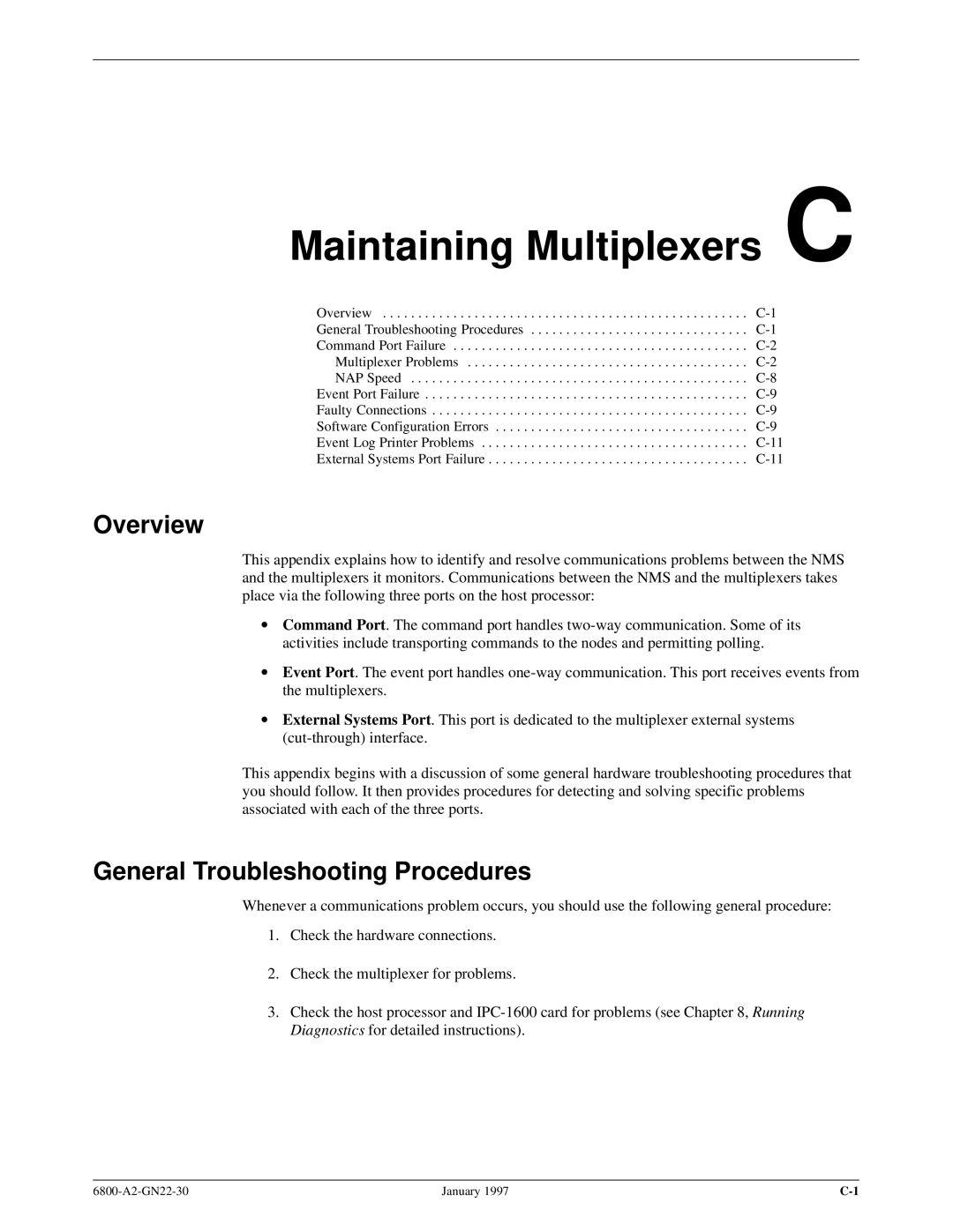 Paradyne 6800 manual Maintaining Multiplexers C, General Troubleshooting Procedures 