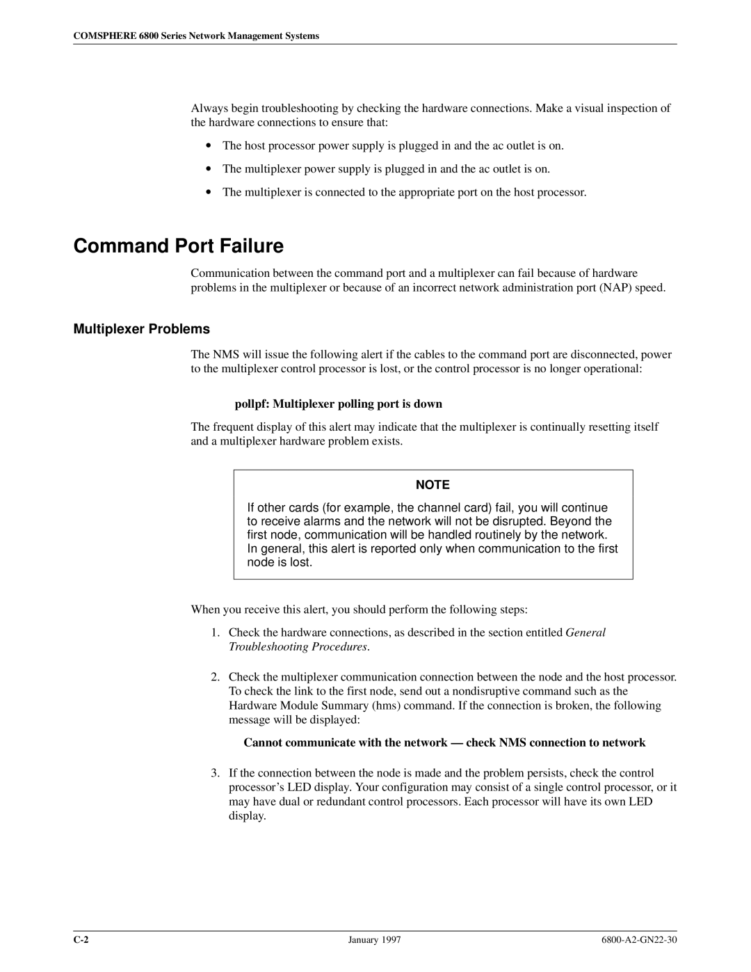 Paradyne 6800 manual Command Port Failure, Multiplexer Problems, Pollpf Multiplexer polling port is down 