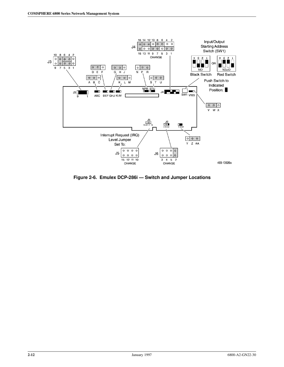 Paradyne 6800 manual Emulex DCP-286i Ð Switch and Jumper Locations 