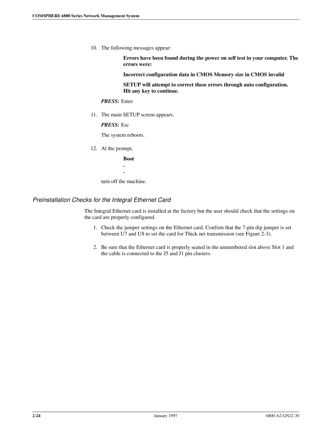 Paradyne 6800 manual Preinstallation Checks for the Integral Ethernet Card, Press Enter, Boot 