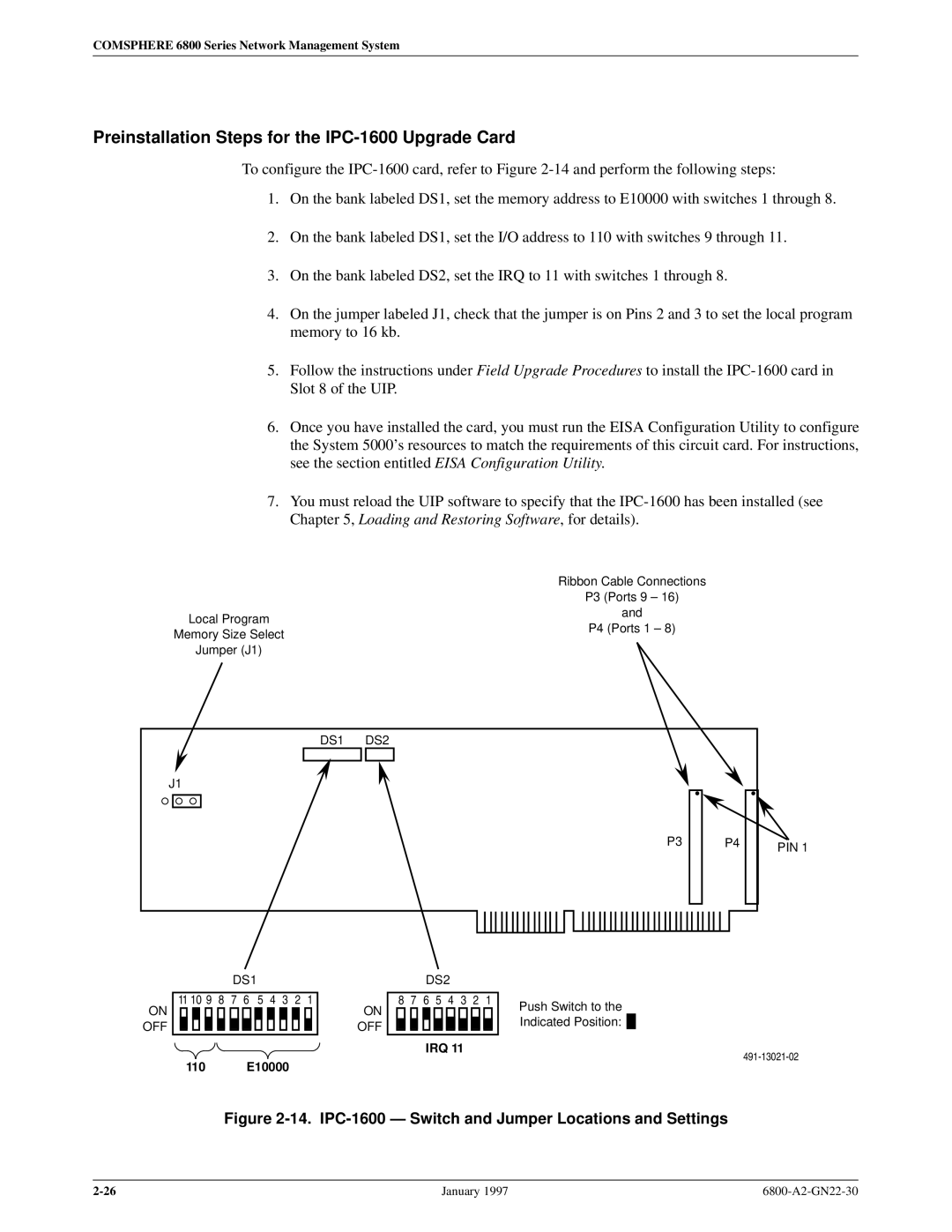 Paradyne 6800 Preinstallation Steps for the IPC-1600 Upgrade Card, IPC-1600 Ð Switch and Jumper Locations and Settings 