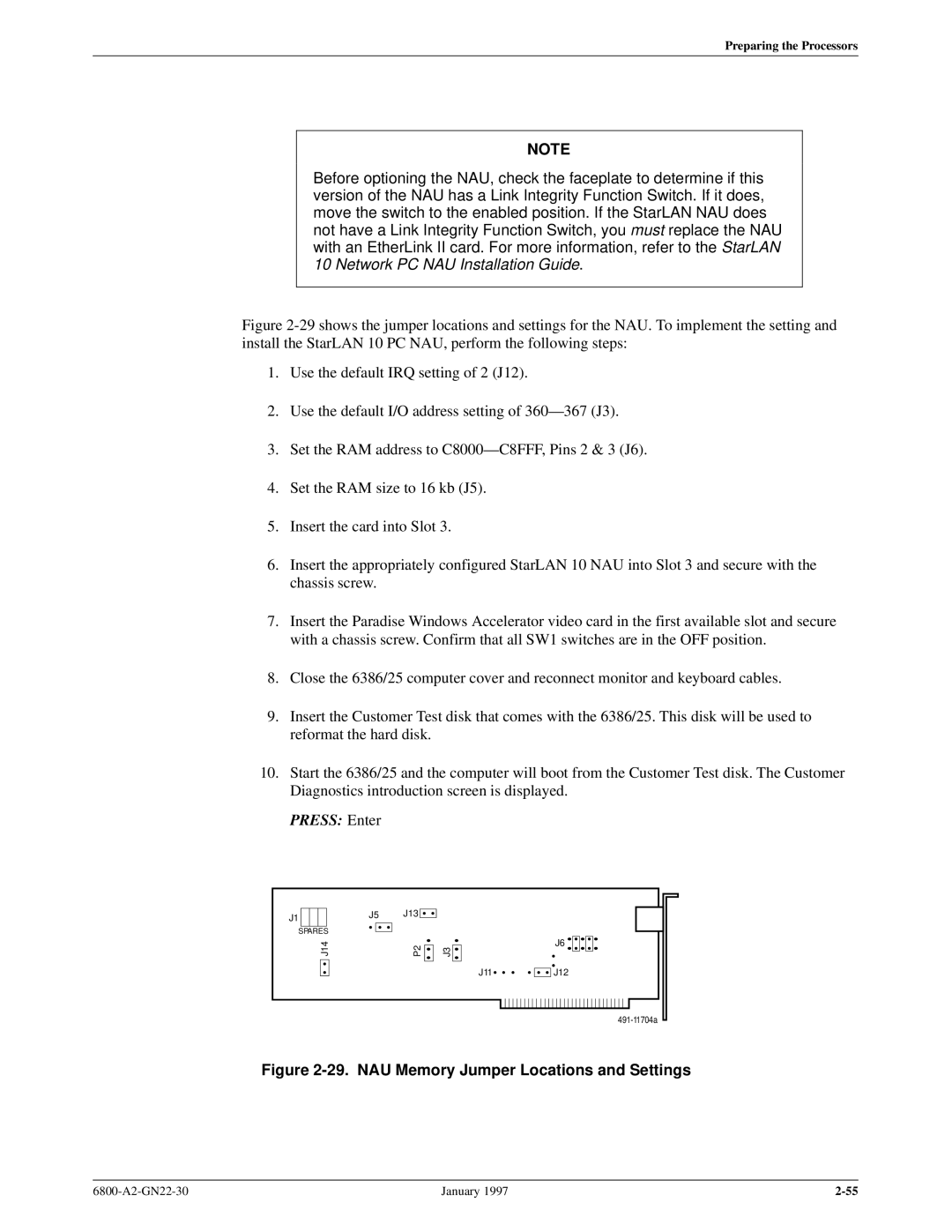 Paradyne 6800 manual NAU Memory Jumper Locations and Settings 