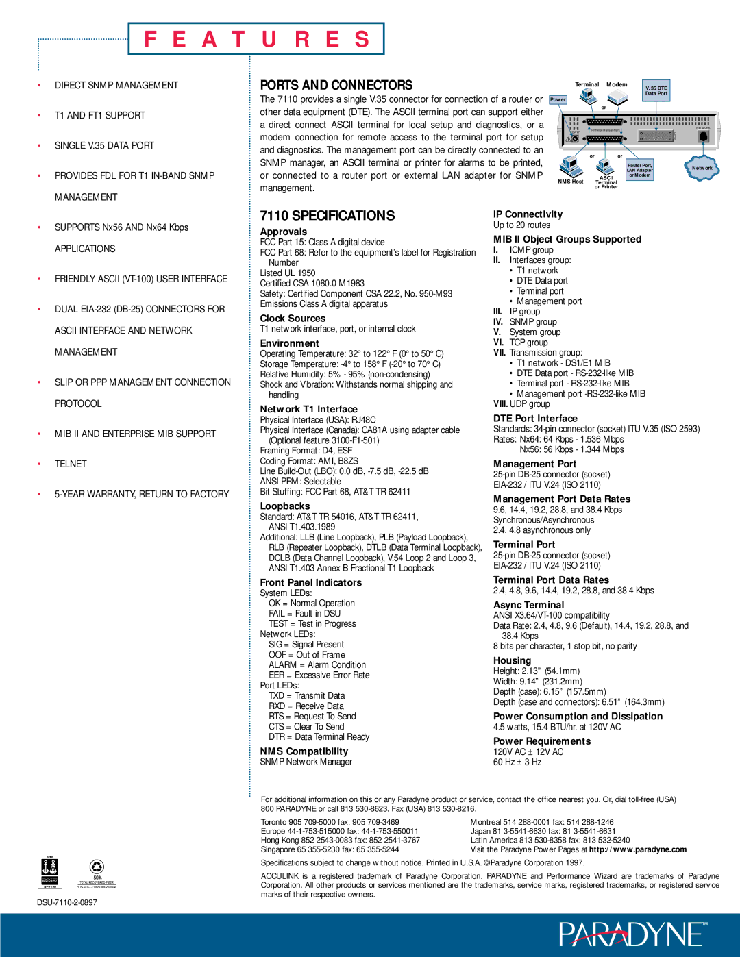 Paradyne 7110 SNMP manual Ports and Connectors, Specifications 