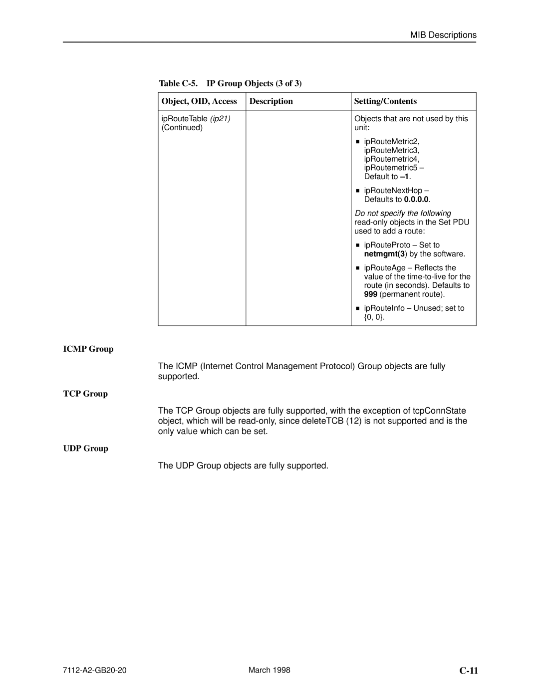 Paradyne 7112 manual Icmp Group, TCP Group, UDP Group, Do not specify the following 