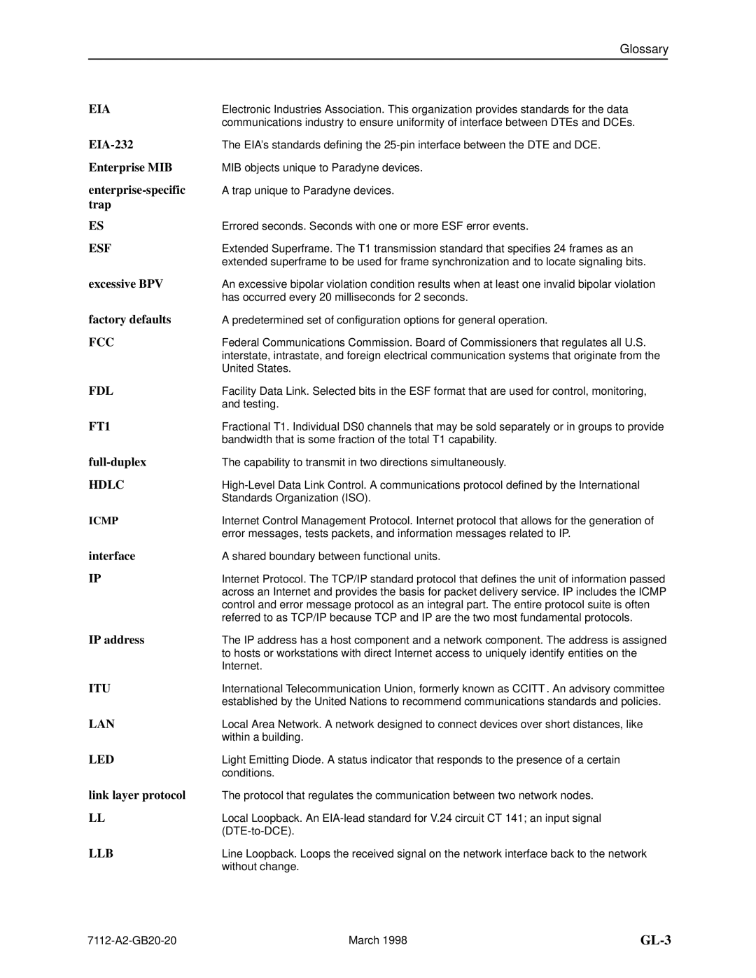 Paradyne 7112 manual EIA-232, Enterprise MIB, Enterprise-specific, Excessive BPV, Factory defaults, Full-duplex, Interface 