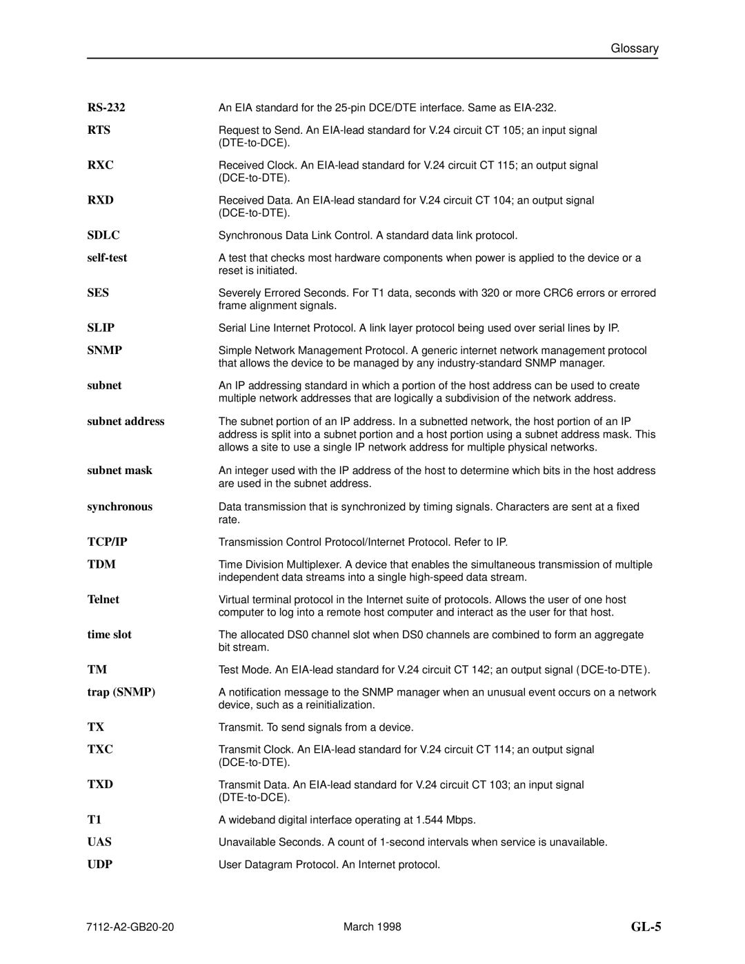 Paradyne 7112 manual RS-232, Self-test, Subnet address, Subnet mask, Synchronous, Telnet, Time slot, Trap Snmp 