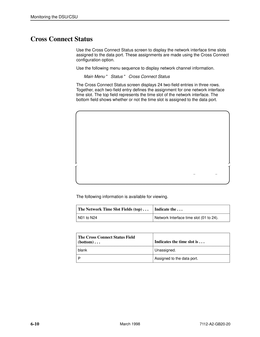Paradyne 7112 manual Main Menu → Status → Cross Connect Status, Network Time Slot Fields top Indicate 