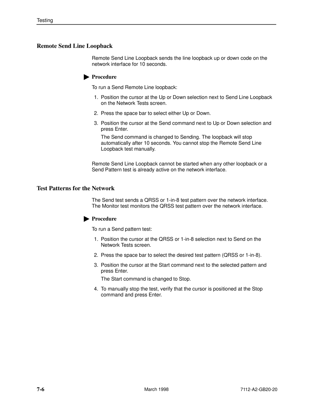 Paradyne 7112 manual Remote Send Line Loopback, Test Patterns for the Network 