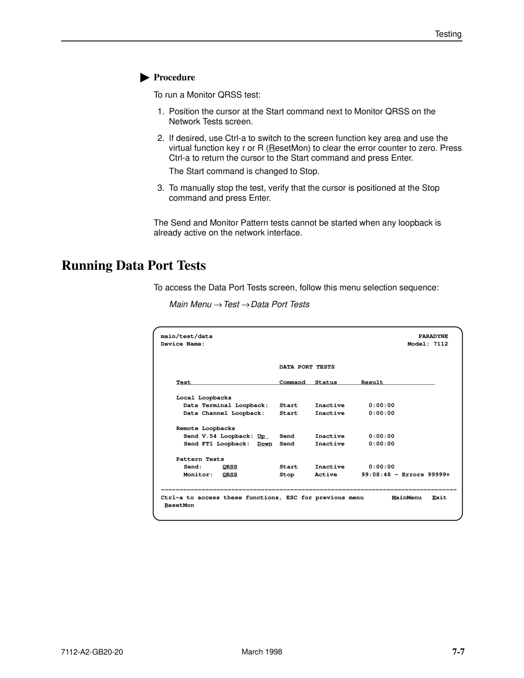 Paradyne 7112 manual Running Data Port Tests, Main Menu → Test → Data Port Tests 