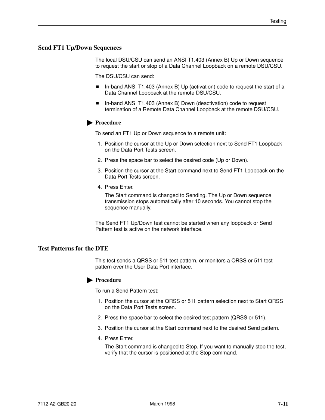 Paradyne 7112 manual Send FT1 Up/Down Sequences, Test Patterns for the DTE 