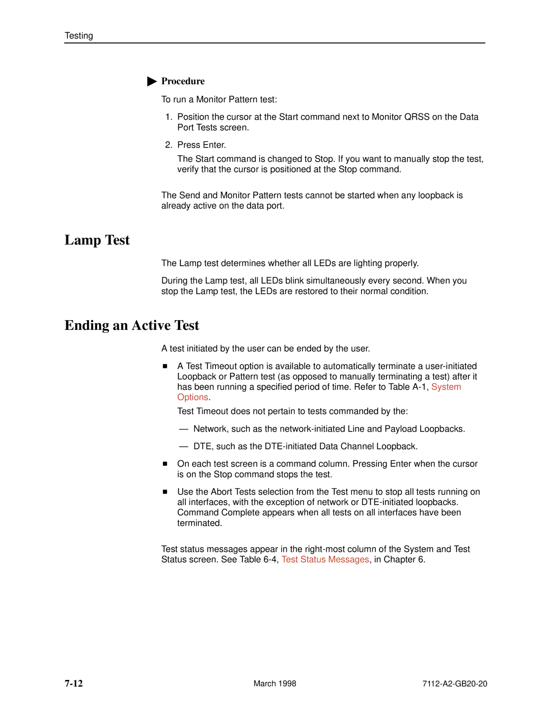 Paradyne 7112 manual Lamp Test, Ending an Active Test 