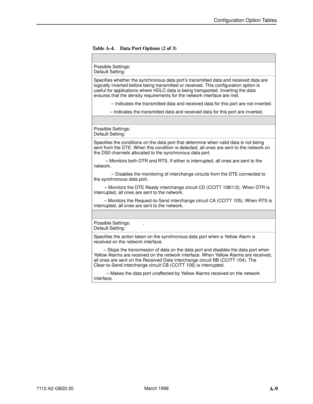 Paradyne 7112 manual Table A-4. Data Port Options 2, Invert Transmit and Received Data, Action on Network Yellow Alarm 