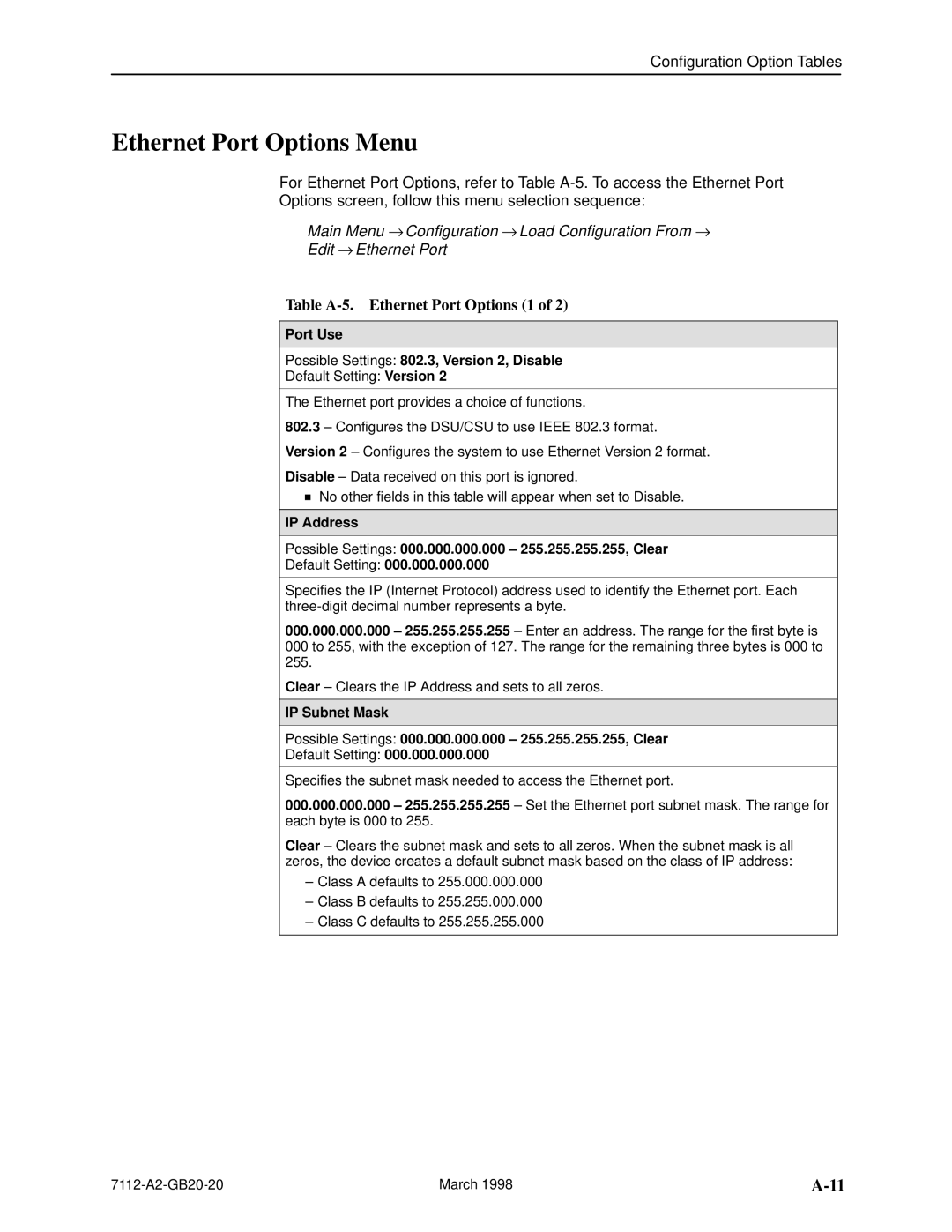 Paradyne 7112 manual Ethernet Port Options Menu, Table A-5. Ethernet Port Options 1 