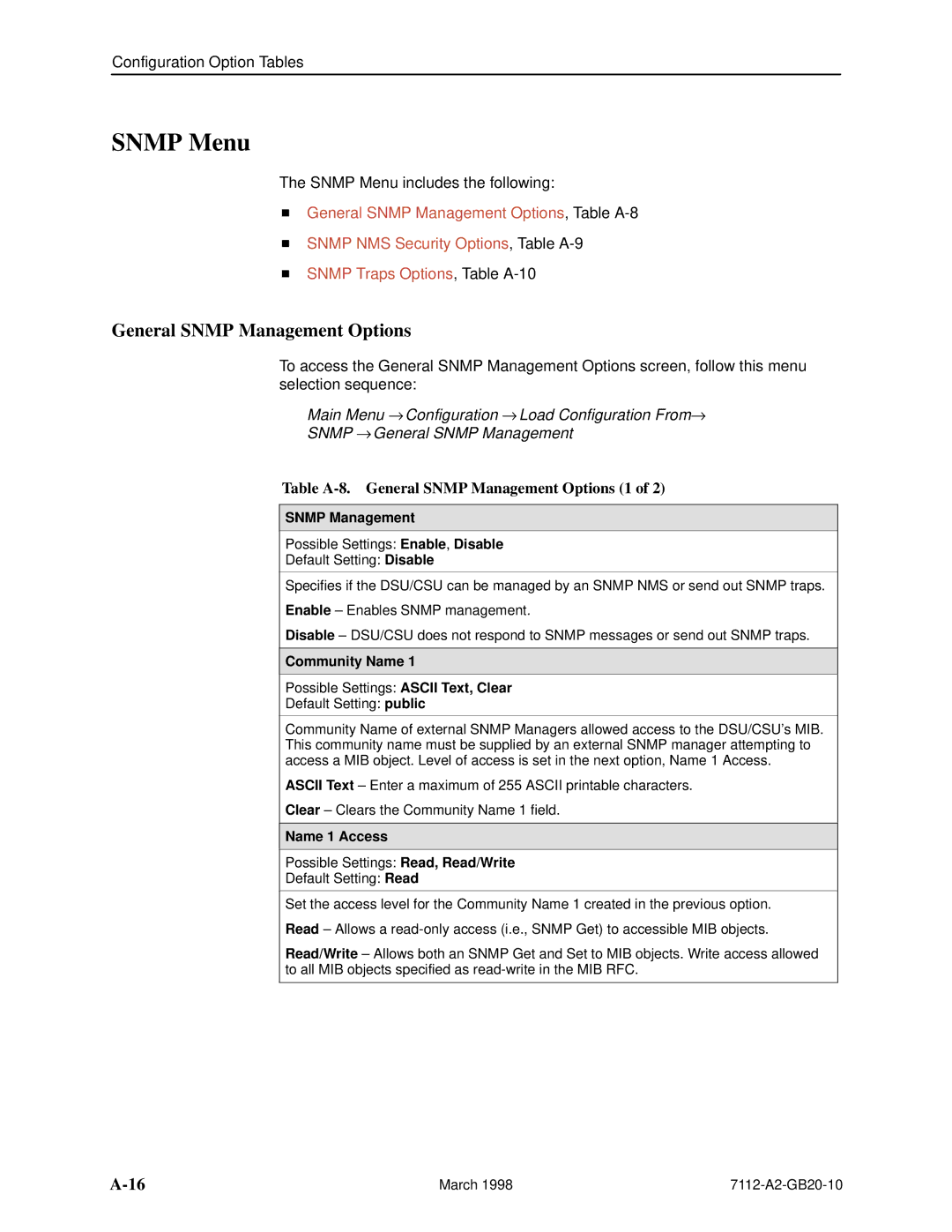 Paradyne 7112 manual Snmp Menu, Table A-8. General Snmp Management Options 1 