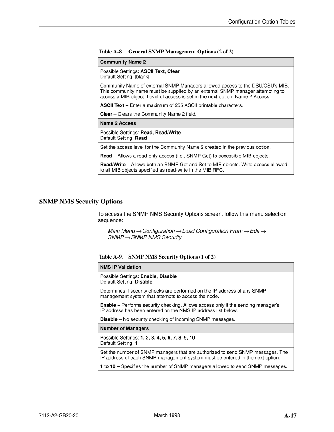 Paradyne 7112 Snmp NMS Security Options, Table A-8. General Snmp Management Options 2, Name 2 Access, NMS IP Validation 