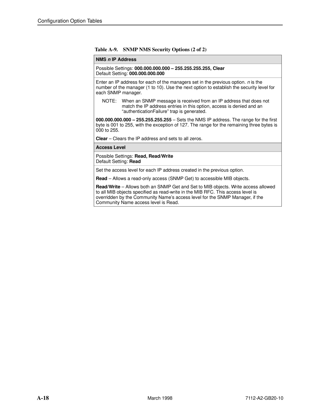 Paradyne 7112 manual Table A-9. Snmp NMS Security Options 2, Access Level 