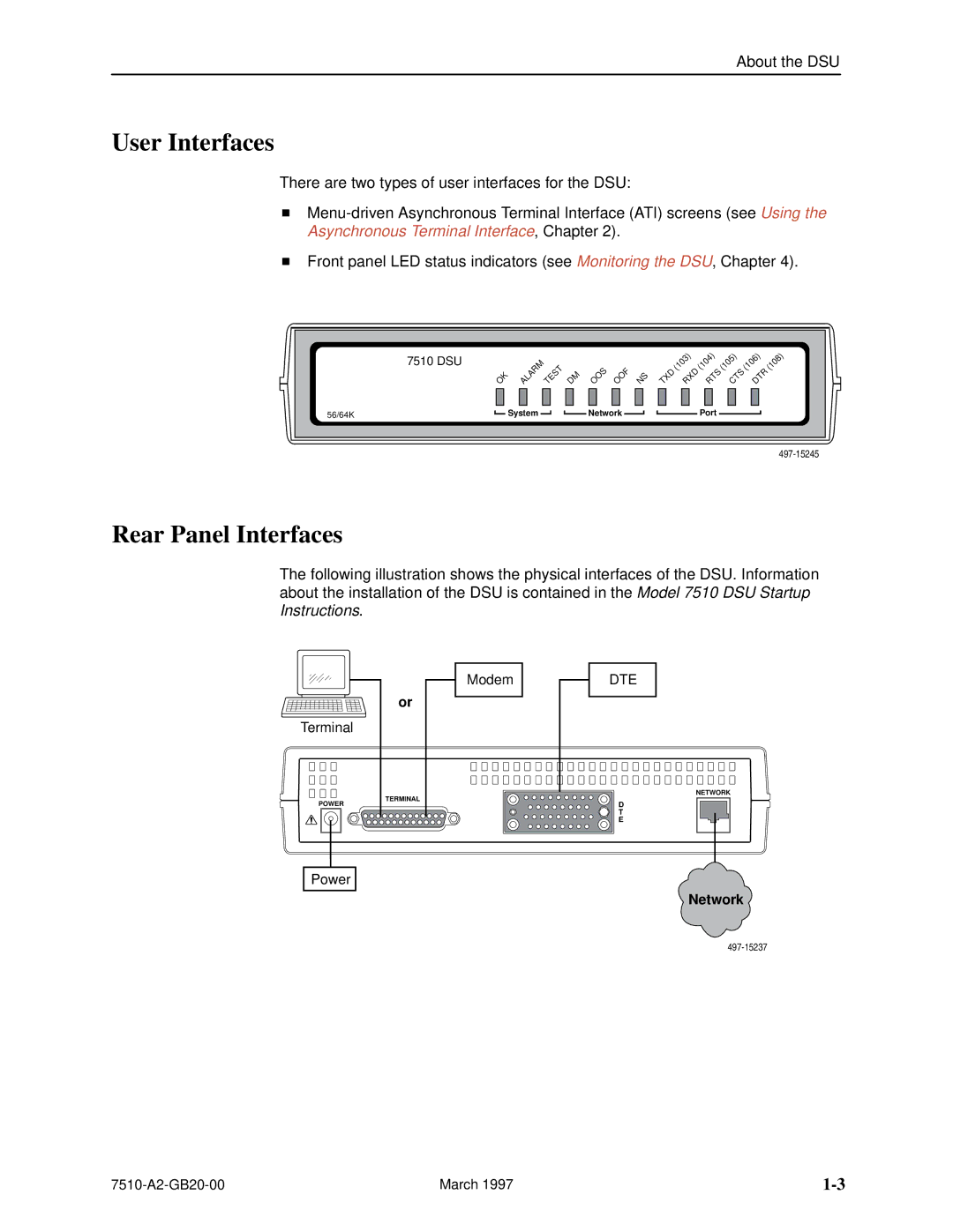 Paradyne 727 manual User Interfaces, Rear Panel Interfaces, Modem, Terminal 