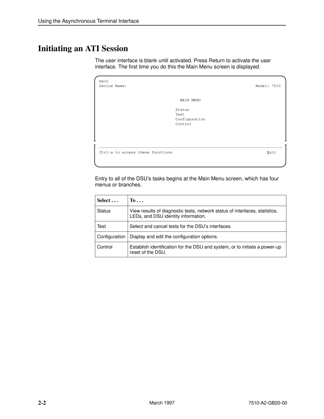 Paradyne 727 manual Initiating an ATI Session, Select, Main Menu 