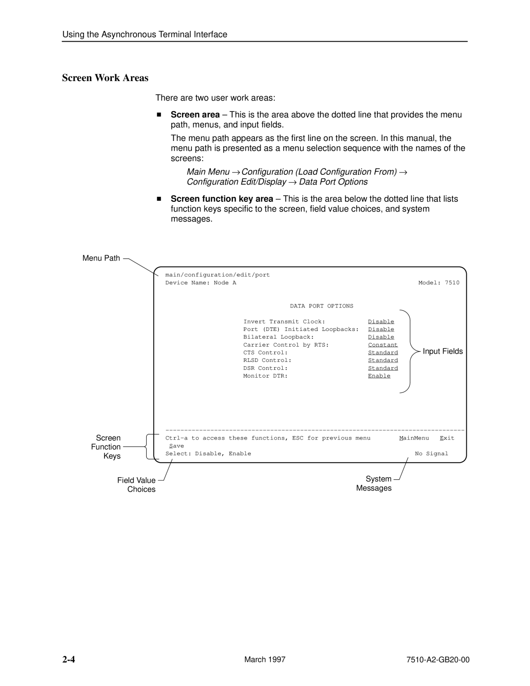 Paradyne 727 manual Screen Work Areas, Data Port Options 