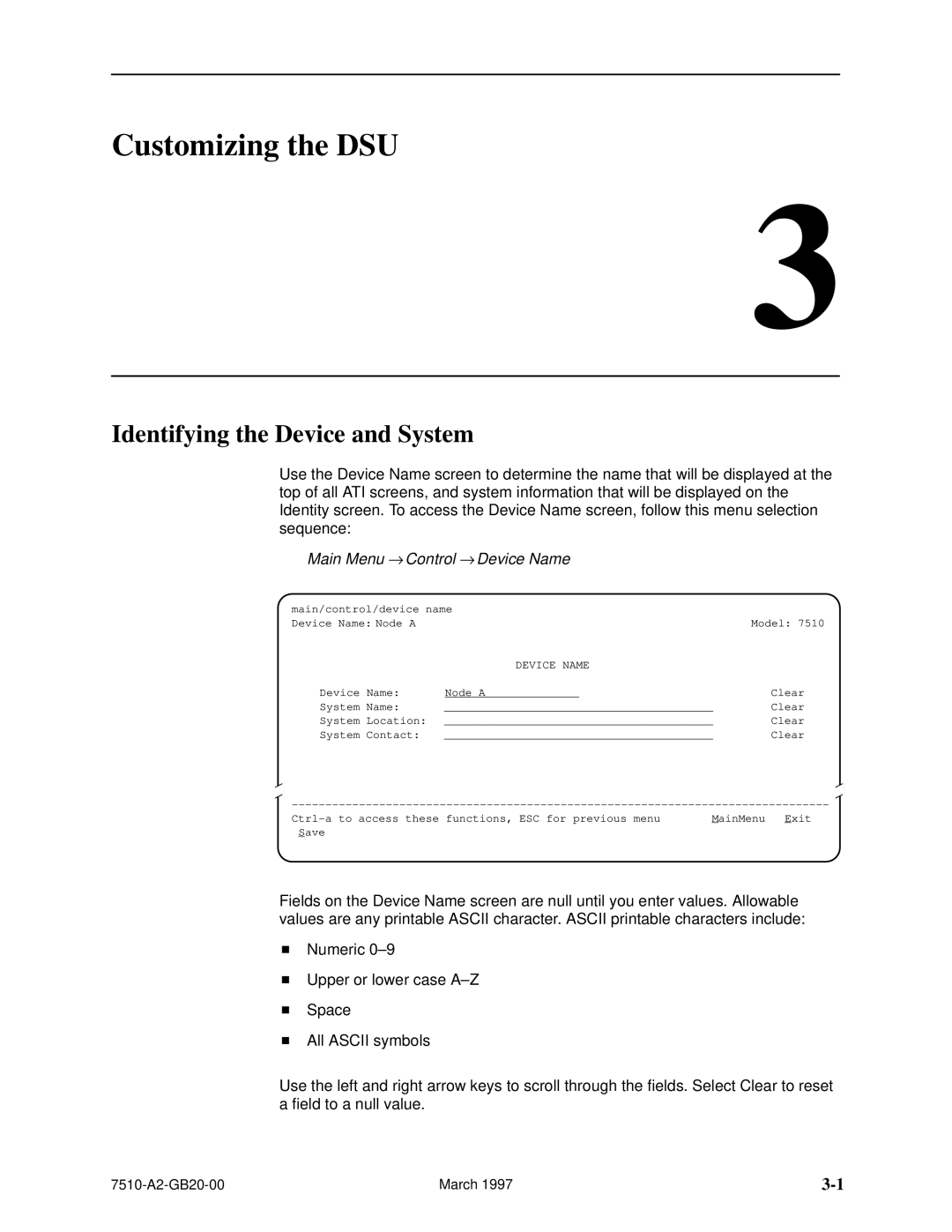 Paradyne 727 manual Customizing the DSU, Identifying the Device and System, Main Menu → Control → Device Name 