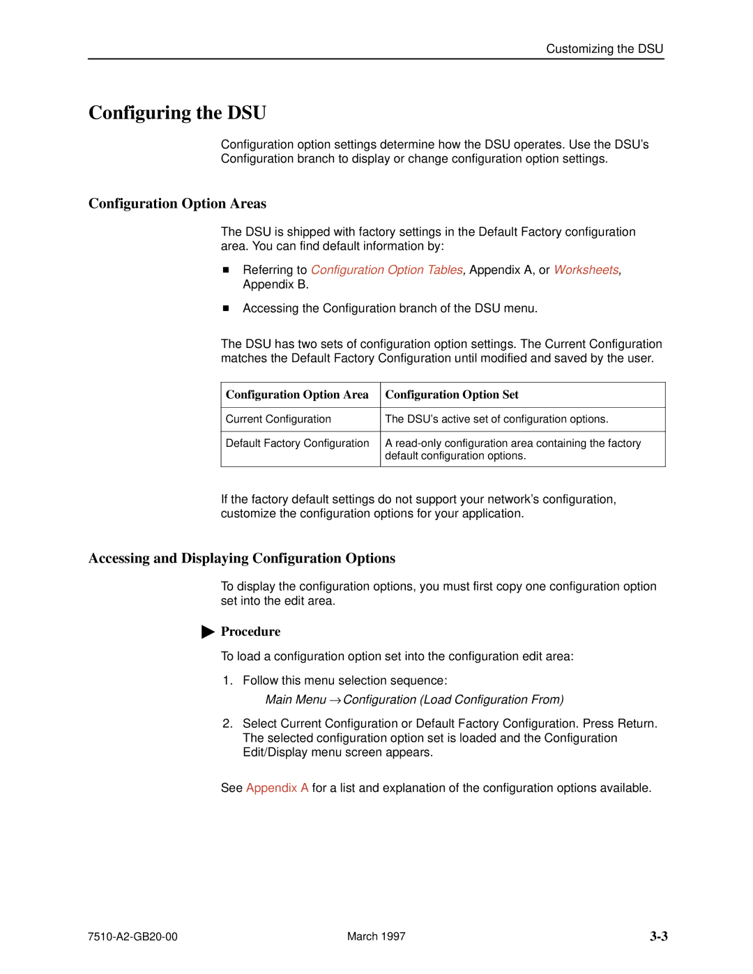 Paradyne 727 manual Configuring the DSU, Configuration Option Areas, Accessing and Displaying Configuration Options 