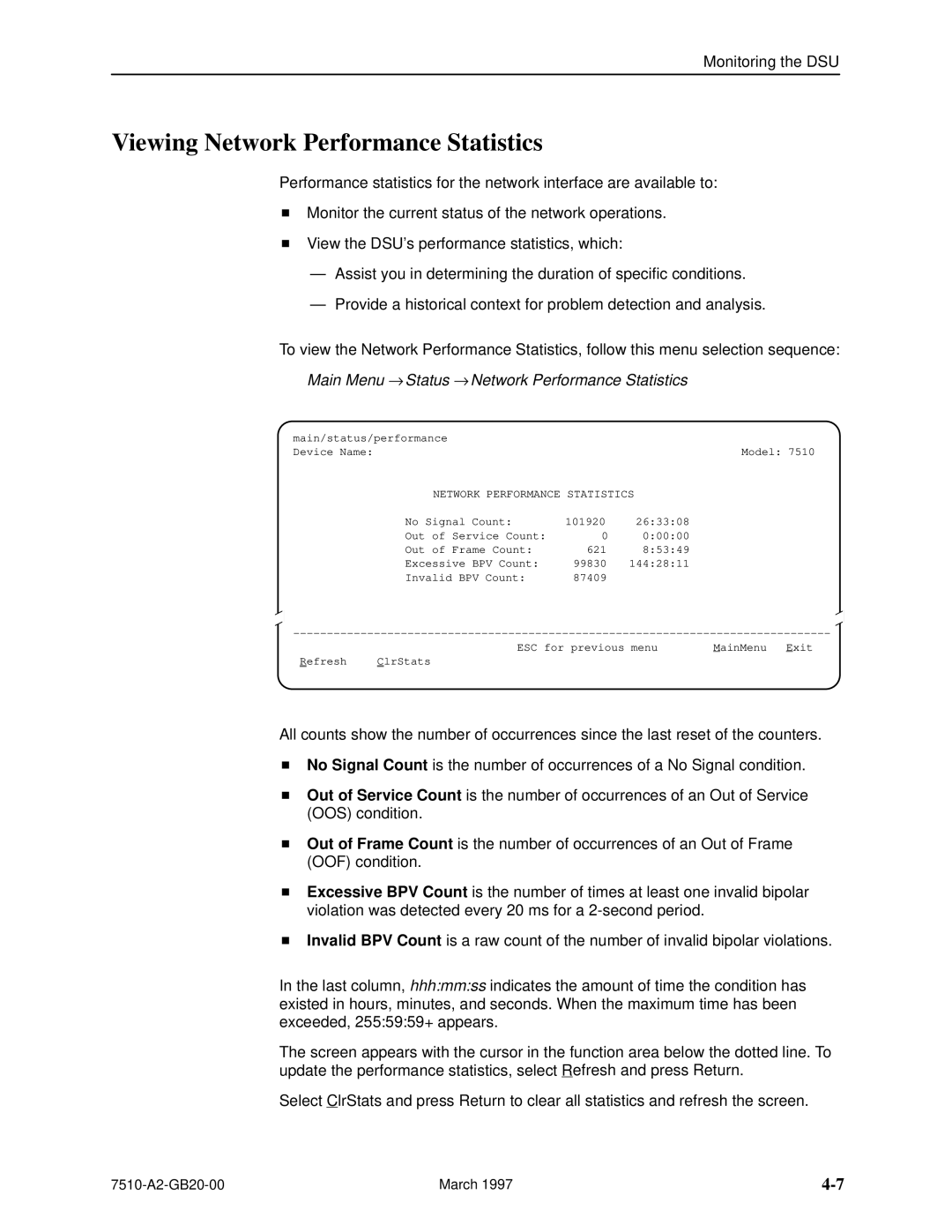 Paradyne 727 manual Viewing Network Performance Statistics 