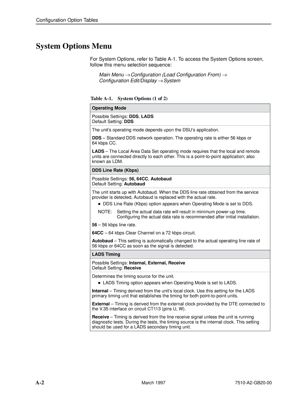 Paradyne 727 manual System Options Menu, Table A-1. System Options 1, Operating Mode, DDS Line Rate Kbps 