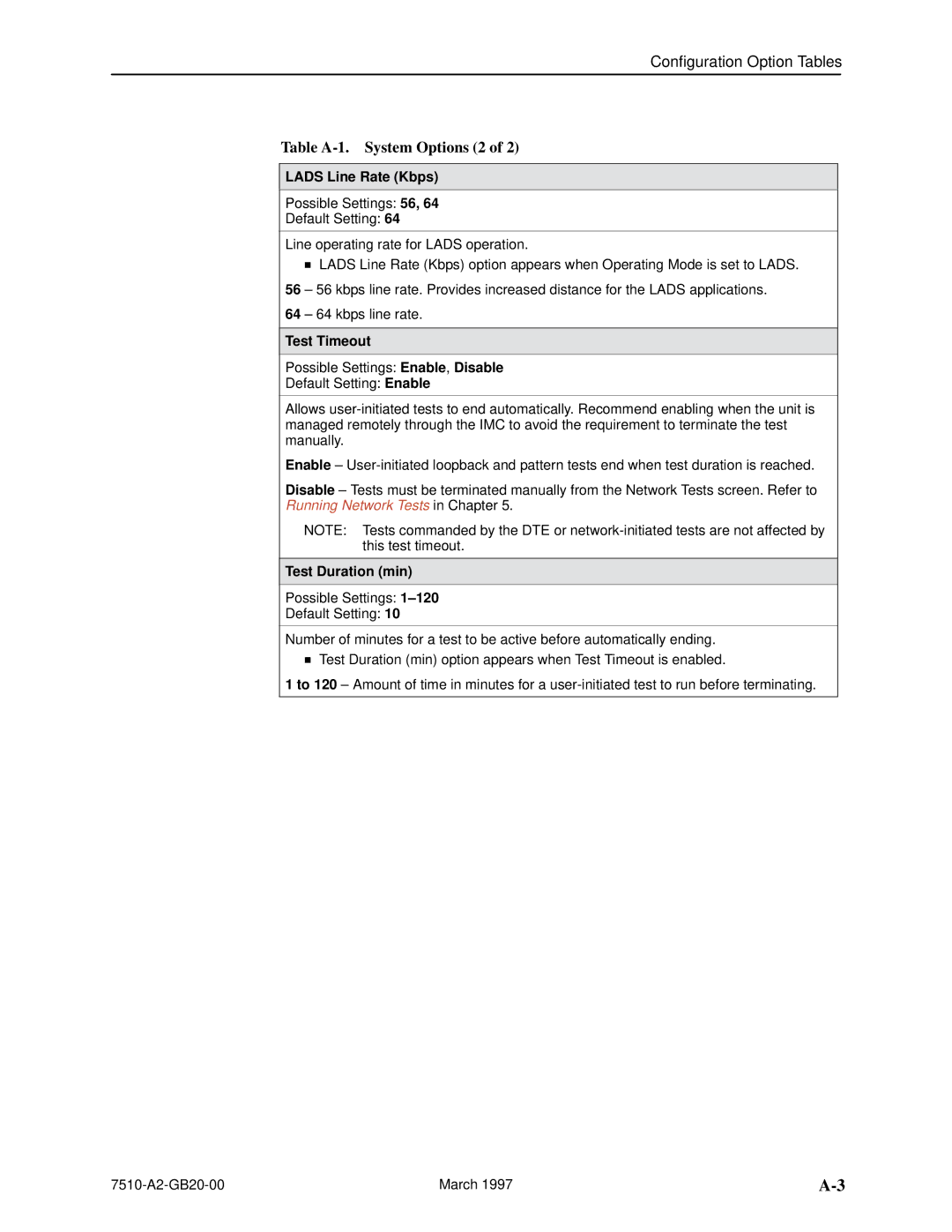 Paradyne 727 manual Table A-1. System Options 2, Lads Line Rate Kbps, Test Timeout, Test Duration min 