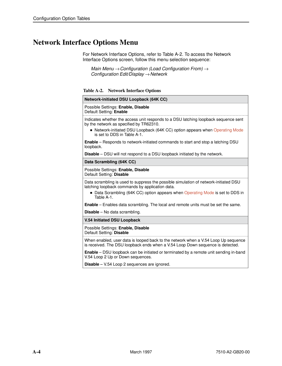 Paradyne 727 Network Interface Options Menu, Table A-2. Network Interface Options, Network-initiated DSU Loopback 64K CC 