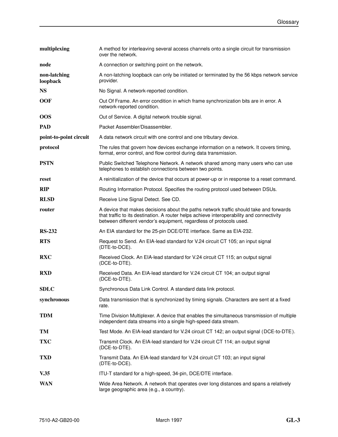 Paradyne 727 manual Multiplexing, Node, Non-latching, Point-to-point circuit, Protocol, Reset, Router, RS-232, Synchronous 