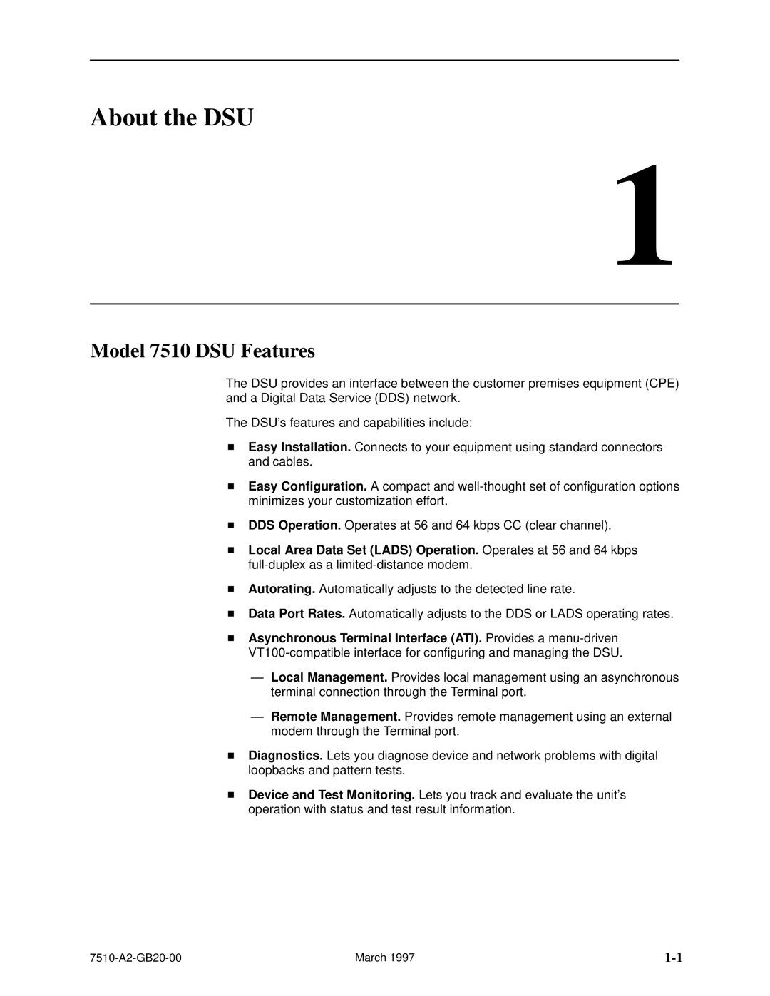 Paradyne 727 manual About the DSU, Model 7510 DSU Features 