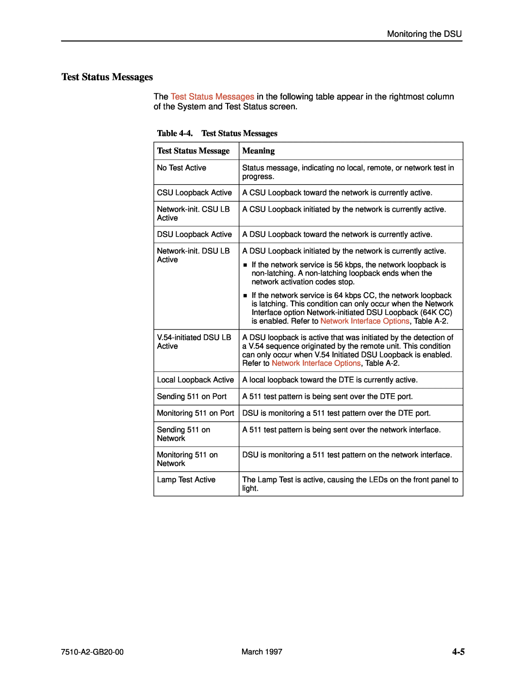 Paradyne 727 manual 4.Test Status Messages, Meaning, Refer to Network Interface Options, Table A-2 