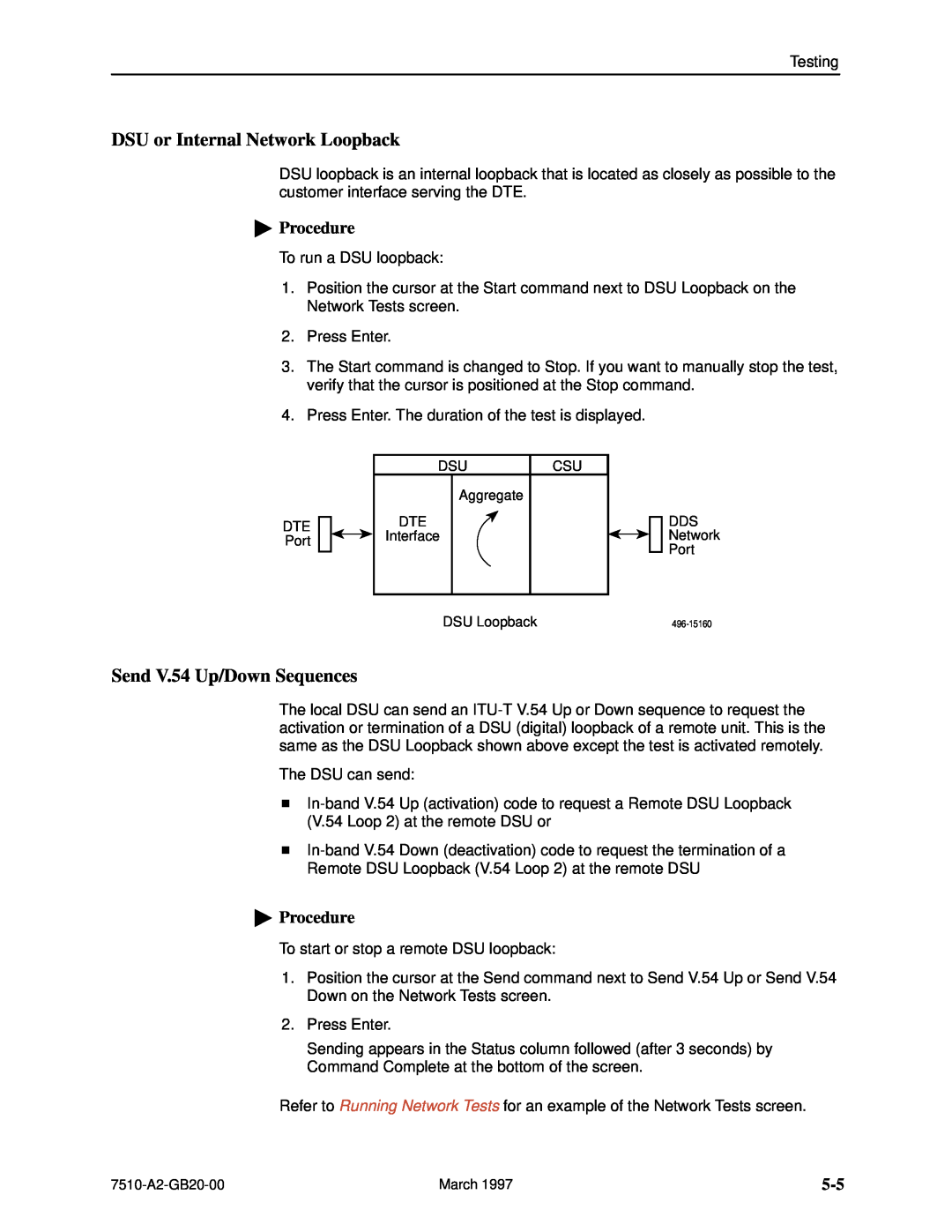 Paradyne 727 manual DSU or Internal Network Loopback, Send V.54 Up/Down Sequences, Procedure 