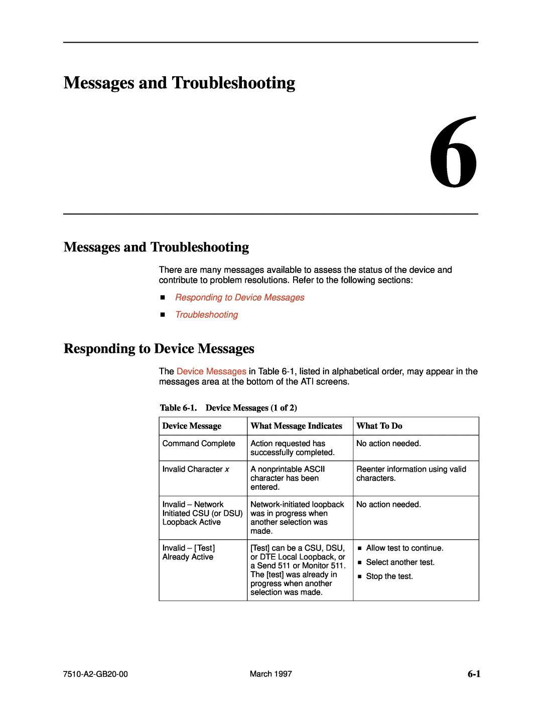 Paradyne 727 manual Messages and Troubleshooting, HResponding to Device Messages HTroubleshooting 