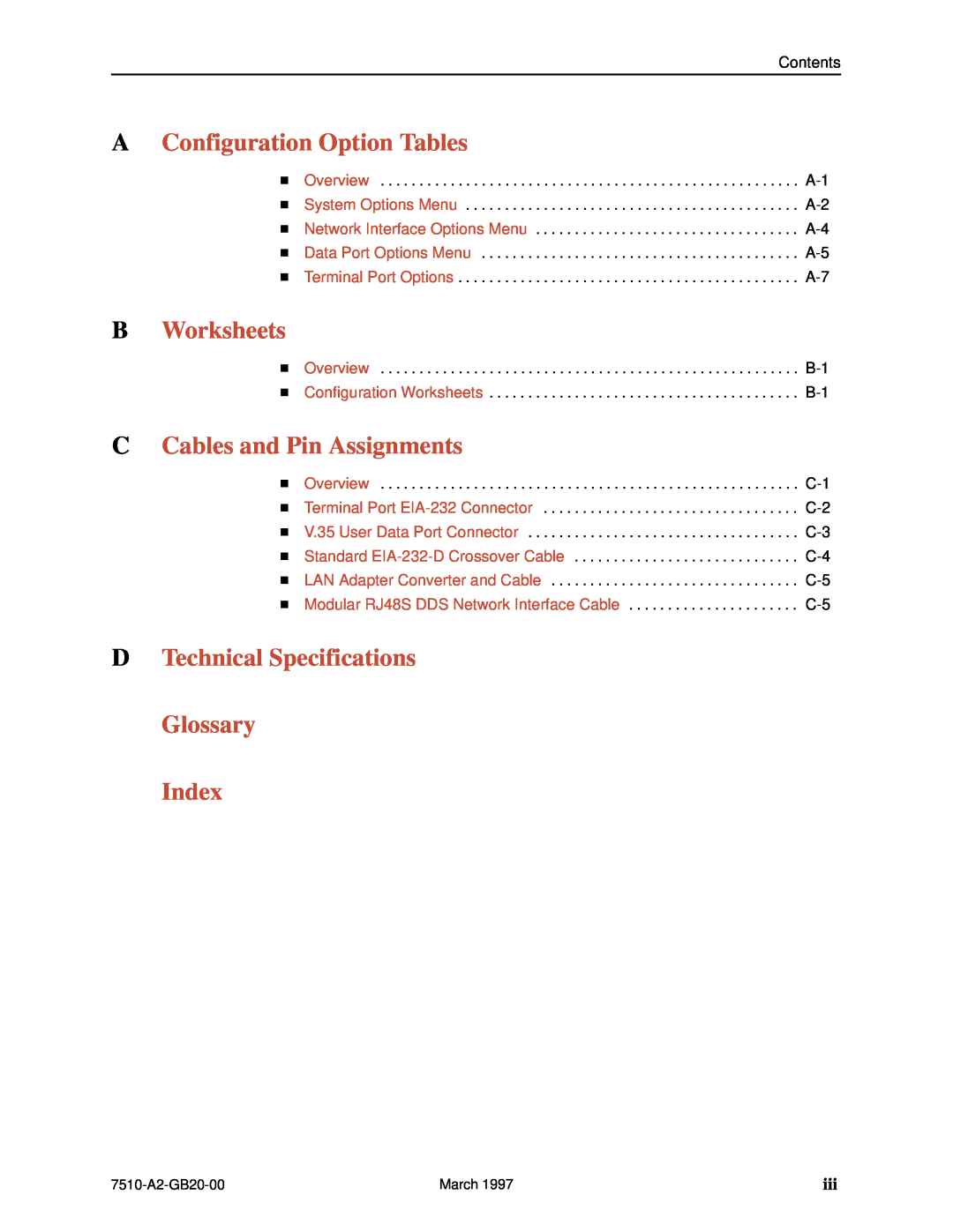 Paradyne 727 manual AConfiguration Option Tables, BWorksheets, CCables and Pin Assignments 