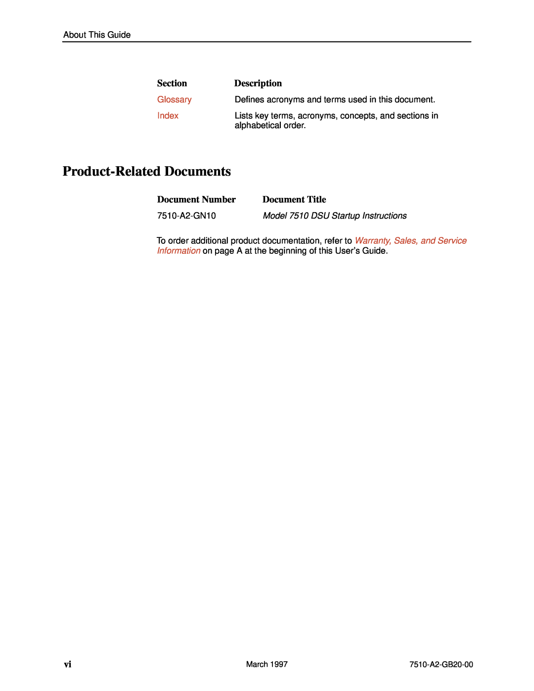 Paradyne 727 manual Product-RelatedDocuments, Section, Description, Document Number, Document Title, Glossary, Index 
