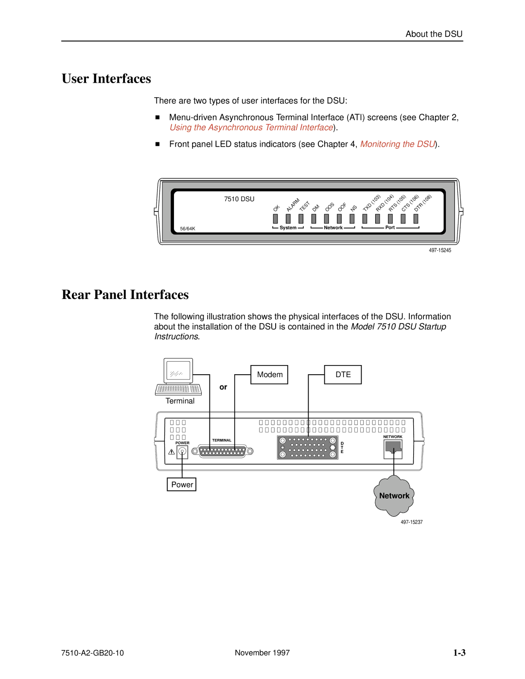 Paradyne 7510 DSU manual User Interfaces, Rear Panel Interfaces, Modem, Terminal 