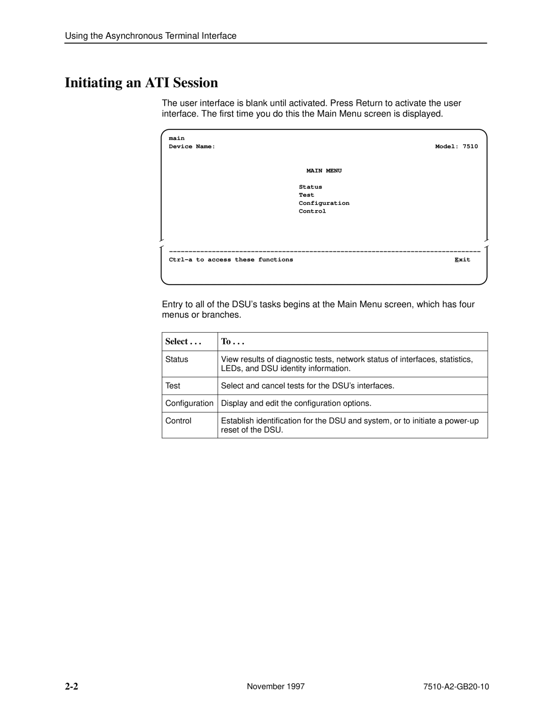 Paradyne 7510 DSU manual Initiating an ATI Session, Select, Main Menu 