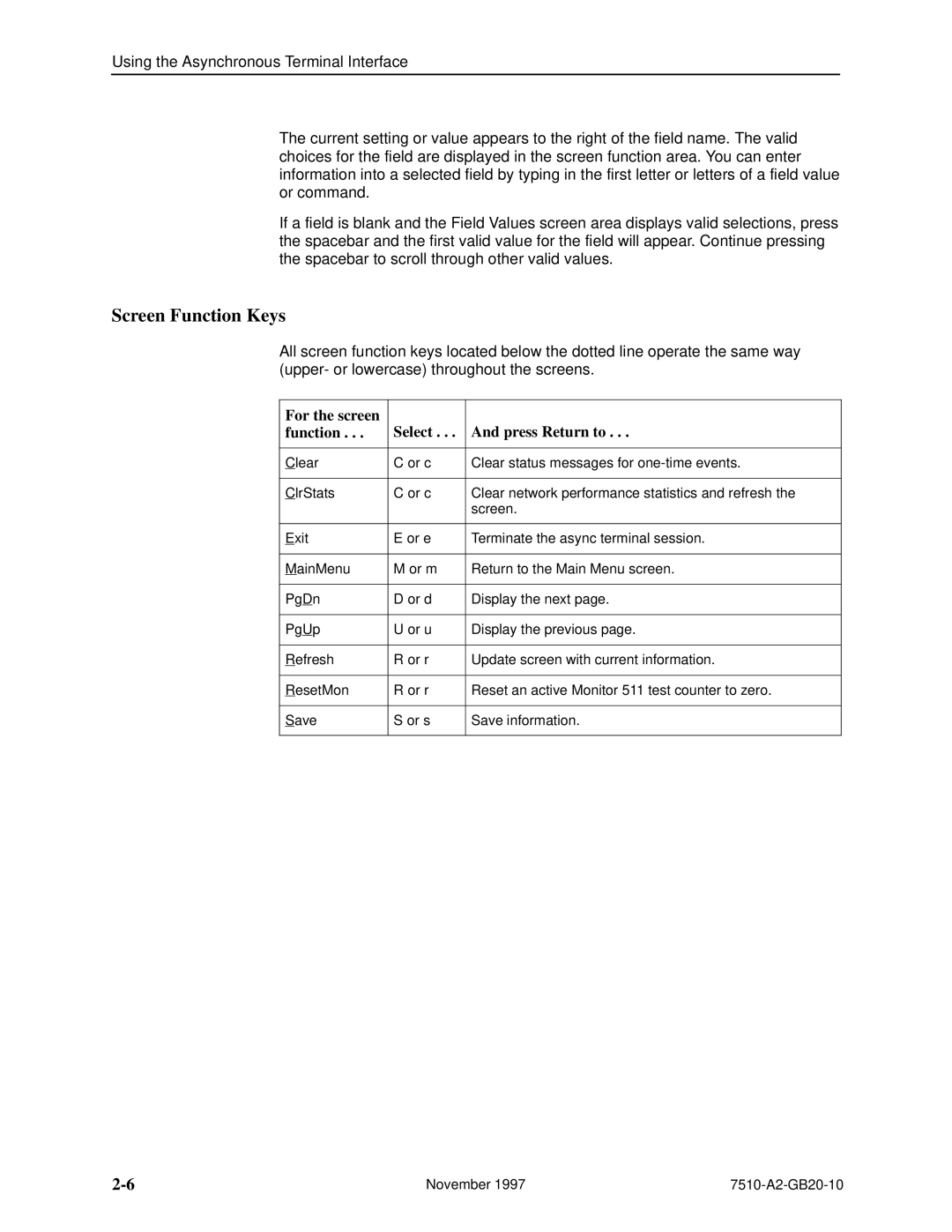 Paradyne 7510 DSU manual Screen Function Keys, For the screen Select Press Return to Function 