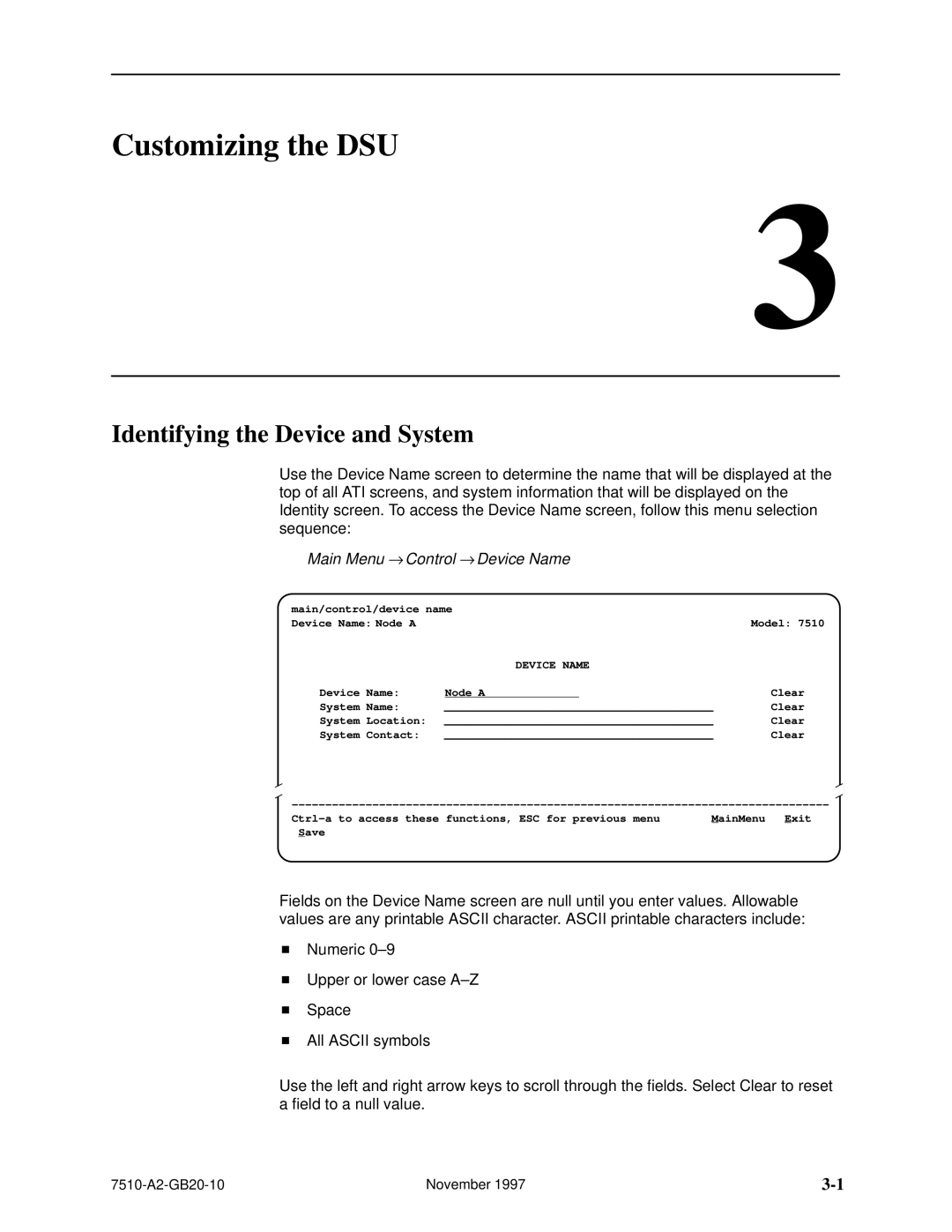 Paradyne 7510 DSU manual Customizing the DSU, Identifying the Device and System, Main Menu → Control → Device Name 